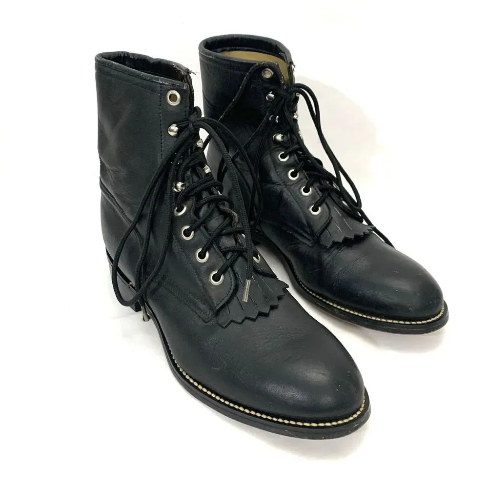 Justin 506 Black Leather Kiltie Lace Up Roper Boots Men’s 5.5D (Women’s 7.5)